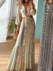 Flower Printed Asymmetry Long Sleeves Bohemia Maxi Dresses