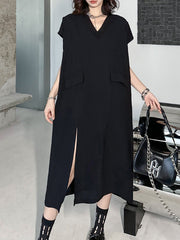 Asymmetric Solid Color Split-Joint Split-Side Loose Short Sleeves V-Neck Midi Dresses