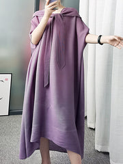 Lace-Up Pleated Batwing Sleeves Loose Hooded Midi Dresses