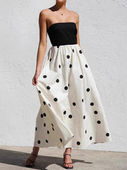 Polka Dots Printed Color-Block Sleeveless Tube Elegant Maxi Dresses