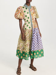 Short Sleeves Flower Print Patchwork Lapel Collar Maxi Dresses