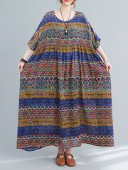 Batwing Sleeves Raglan Sleeve Printed Striped Round-Neck Midi Dresses