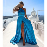 Cross Neck Irresistible Desire Satin Ruffle Maxi Dress