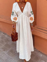 Flower Embroidery Loose Long Sleeves Casual Maxi Dresses