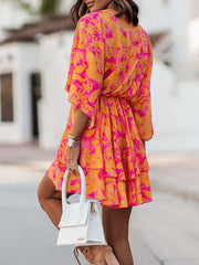 Double Layered Elasticity Printed A-Line High Waisted V-Neck Mini Dresses