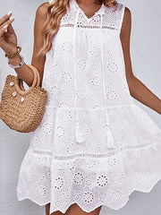 Hollow Lace-Up Solid Color Split-Joint Loose Sleeveless Round-Neck Mini Dresses