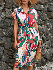 Buttoned Pleated Printed Tied Waist Raglan Sleeve Short Sleeves Lapel Shirt Dress Midi Dresses