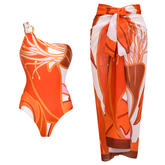 One Shoulder Print One Piece Swimsuit and Sarong(Shipped on Jan 11th)