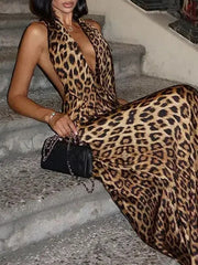 Leopard Sleeveless Haltneck Backless Sexy Maxi Dresses