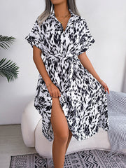 Leopard Ribbed Loose Short Sleeves Lapel Midi Dresses