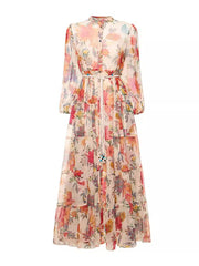Flower Printed Three-Quarter Sleeves Elegant Maxi Dresses