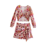 Flaxmaker Holiday Style V Neck Long-sleeved Shirt and Shorts