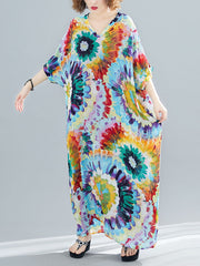 Vintage Loose Tie-Dyed Batwing Sleeves V-Neck Maxi Dress