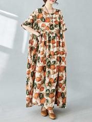 Pleated Printed Split-Joint Half Sleeves Loose Round-Neck Midi Dresses