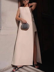 Solid Color Split-side Loose Sleeveless Round-neck Maxi Dresses
