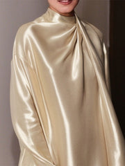 Shiny Solid Color Long Sleeves Loose High Neck Mini Dresses