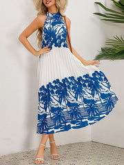 Hollow Pleated Printed Tied A-Line Loose Mock Neck Midi Dresses