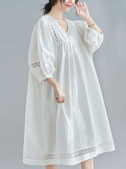 Vintage Hollow Split-Joint Loose Bishop Sleeve Midi Dress