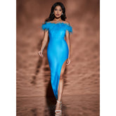 Bandeau Ostrich feather Blue Slit Dress