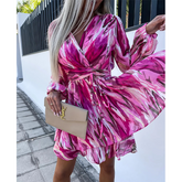 Ruffle V Neck Solid Color Mini Dress