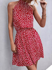 Elasticity Leaves Print Pleated A-Line High Waisted Halter-Neck Mini Dresses