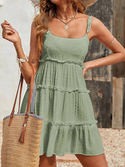 Jacquard Layered Pleated Solid Color Split-Joint A-Line Loose Spaghetti-Neck Mini Dresses