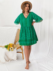 Vacation A-Line Loose Tasseled V-Neck Mini Dress