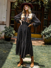 Bohemia Long Sleeves Polka-Dot Embroidered V-Neck Midi Dresses