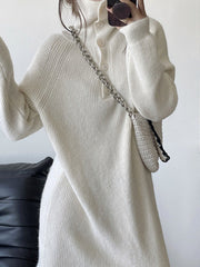 Simple Long Sleeves Loose Buttoned Solid Color High-Neck Sweater Dresses
