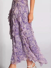 Flower Printed Sleeveless Round-Neck Ruffled Elegant Maxi Dresses