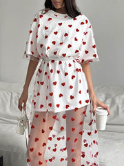 Heart Print Mesh See-Through Split-Joint Loose Short Sleeves Round-Neck Midi Dresses