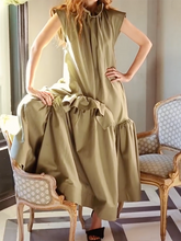 Falbala Solid Color Split-Joint Cap Sleeve Loose Round-Neck Maxi Dresses