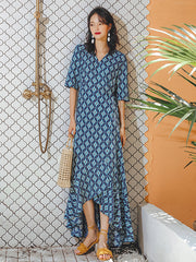 Vacation A-Line Half Sleeves Lace-Up Plaid V-Neck Maxi Dress