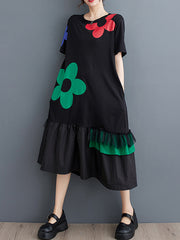 Floral Printed Split-Joint Loose Short Sleeves Round-neck Midi Dresses