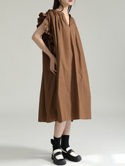 Adjustable Drawstring Pleated Solid Color Loose Raglan Sleeve V-Neck Shirt Dress Midi Dresses