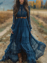 Lace Splicing Ruffled Vintage Long Sleeves Maxi Dresses