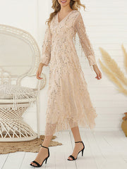 Gauze Pockets See-Through Sequined Split-Joint Long Sleeves Loose V-Neck Midi Dresses Evening Dresses