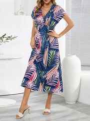 Hollow Lace-Up Printed Split-Joint Loose Short Sleeves V-Neck Midi Dresses