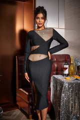 Cutout See Through Rhinestone Slit Bandage Dress