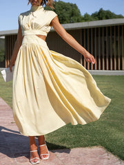 Belly-Hollow Pleated Solid Color Cap Sleeve Stand Collar Maxi Dresses