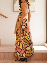Flower Printed Halterneck Sleevless Elegant Maxi Dresses