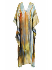 Printed Split-Joint Batwing Sleeves Loose V-Neck Maxi Dresses