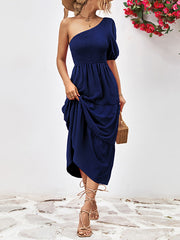 Solid Color Loose Puff Sleeves One-Shoulder Midi Dresses