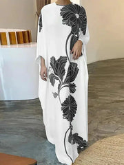 Floral Printed Batwing Sleeves Loose Round-neck Maxi Dresses Evening Dresses