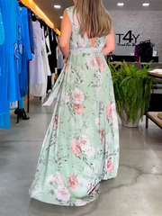 Fashion Bandage Floral Printed V-Back V-Neck Maxi Dresses