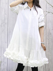 Buttoned Pleated Ruffled Solid Color Long Sleeves Loose Lapel Shirt Dress Midi Dresses