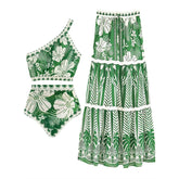 One Shoulder Green Flower Printed One Piece Swimsuit and Skirt