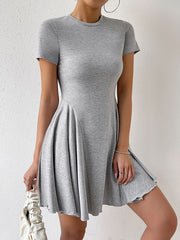 Pleated Solid Color A-Line High Waisted Round-Neck Mini Dresses