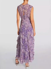 Flower Printed Sleeveless Round-Neck Ruffled Elegant Maxi Dresses