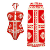 Halter Straps Cutout Backless Printed One Piece Swimsuit and Skirt Flaxmaker(Shipped on Dec 29th)